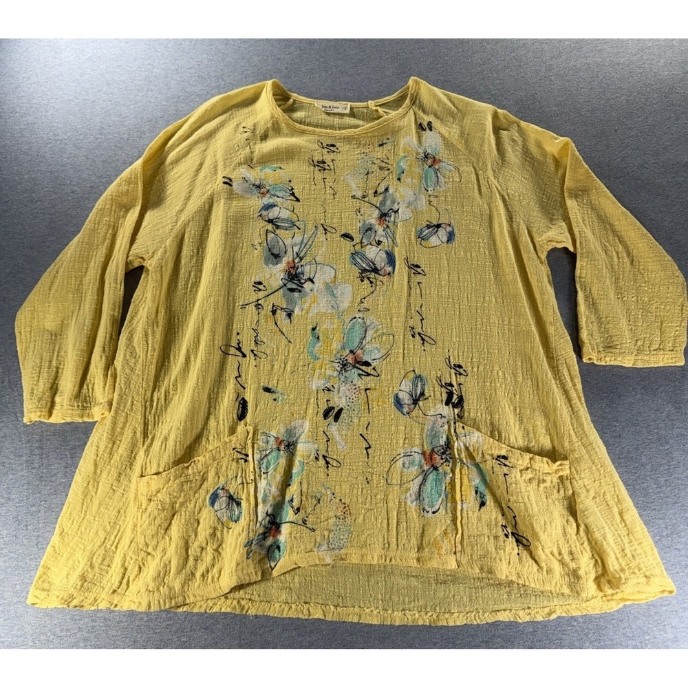 Jess & Jane Yellow Floral Cotton Gauze Tunic Top Women's Small Made USA Pockets